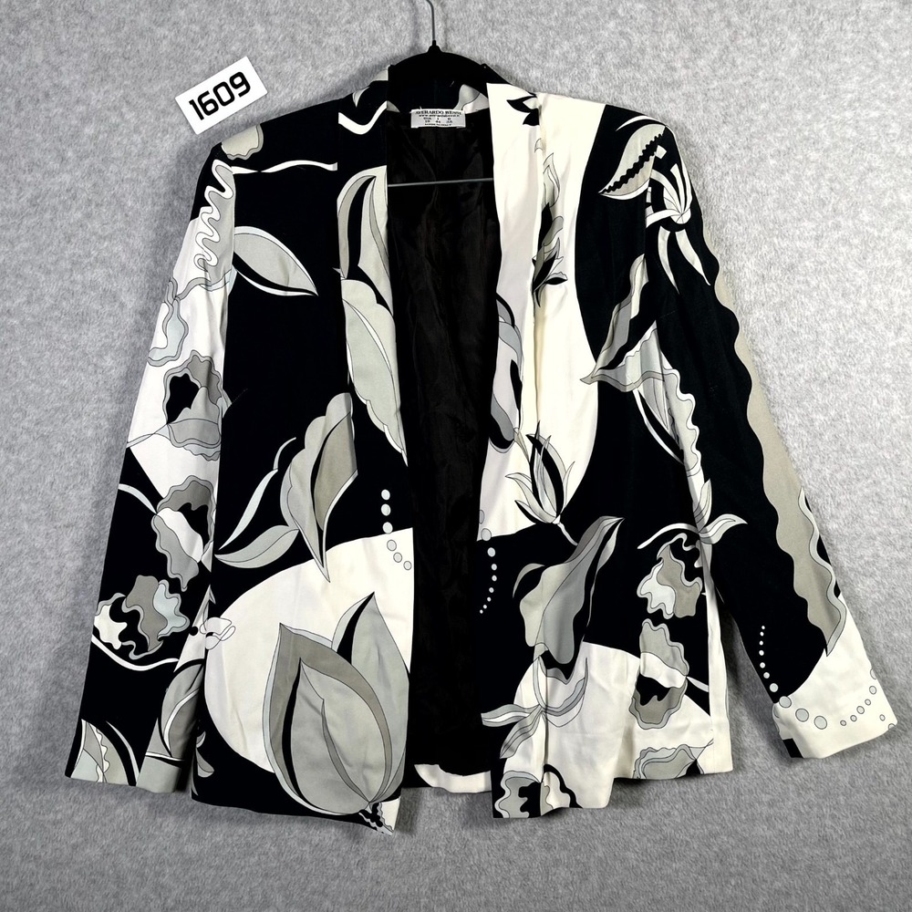 Averardo Bessi Blazer Jacket Womens 10 Black White Abstract‎ Stretch Open Front